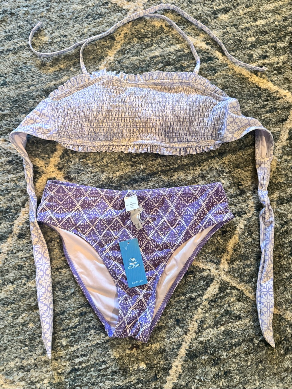 Cupshe Lavender & white Smocked Bandeau Bikini Set